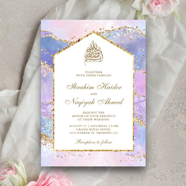 Pastel Lavender Gold Marble Arch Muslim Wedding Invitation (Creator Uploaded)