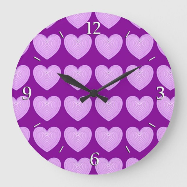 Pastel lavender hearts on a deep purple background large clock (Front)