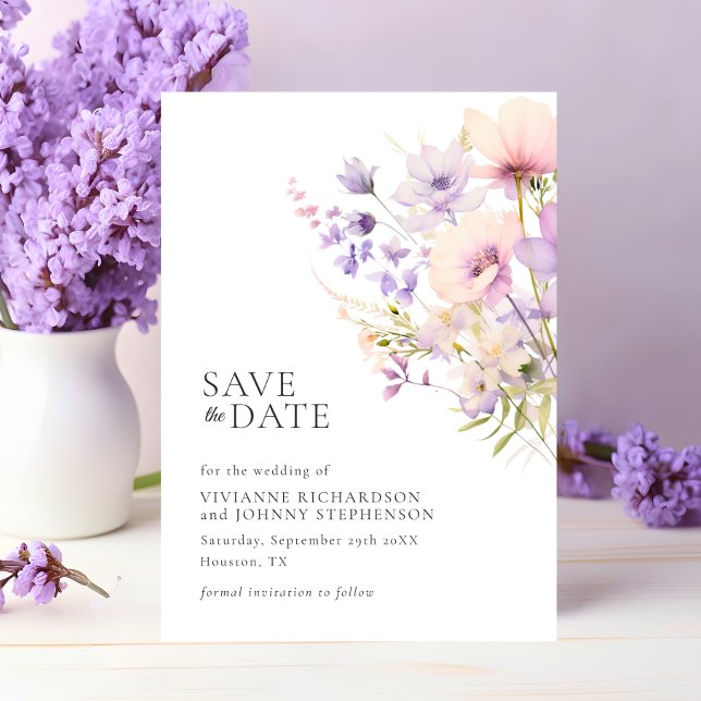 Pastel Lavender Purple Violet Wild Flowers Wedding Save The Date (Pastel Lavender Purple Violet Wild Flowers Wedding Save The Date)