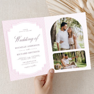 Pastel Lavender Striped Photo QR Code Wedding Invitation