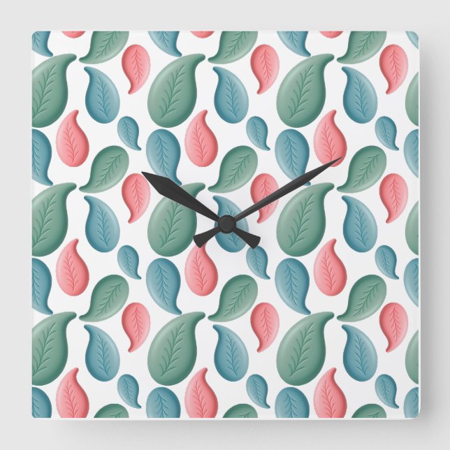 Pastel Leaf Pattern | Blue Pink Sage Green  Square Wall Clock (Front)