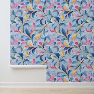 Pastel Leafy Floral Scroll Pattern Wallpaper