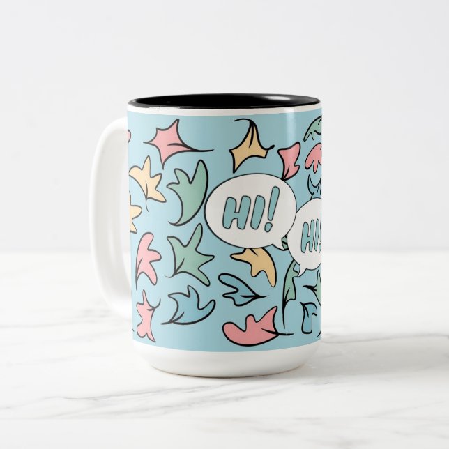 Pastel Leaves Blue Two-Tone Coffee Mug (Front Left)