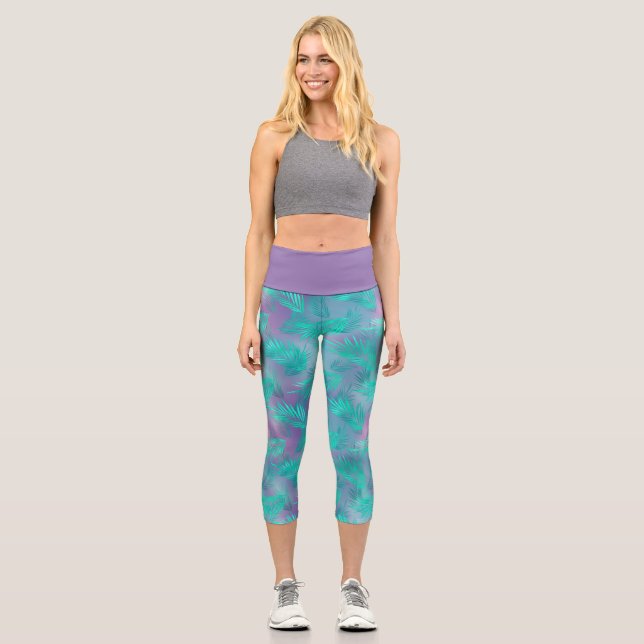 Pastel Leaves Leggings, Soft Botanical Yoga Pants (Front)