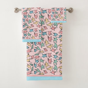 Pastel Leaves Pink Bath Towel Set