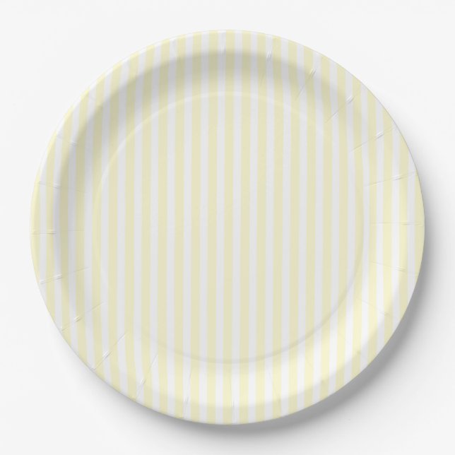 Pastel Lemon Yellow and White Stripes Pale Yellow Paper Plate (Front)