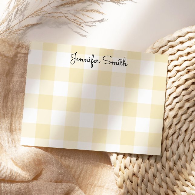 Pastel Lemon Yellow Large Gingham Card (Pastel yellow gingham personalized note cards for her. )