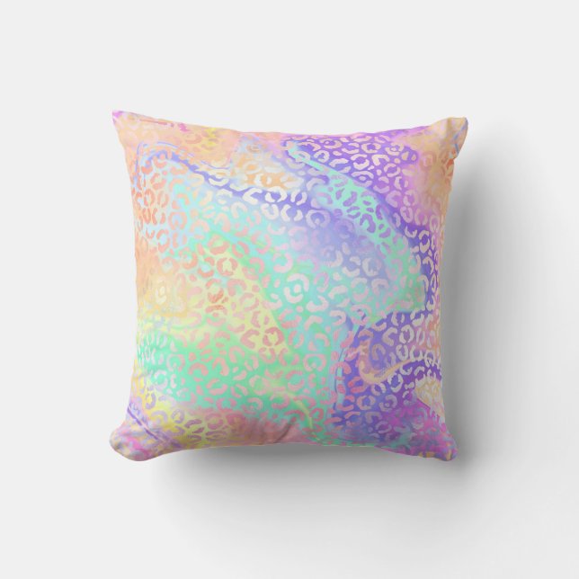 *~* Pastel Leopard  Rainbow Swirls Animal Print Cushion (Front)