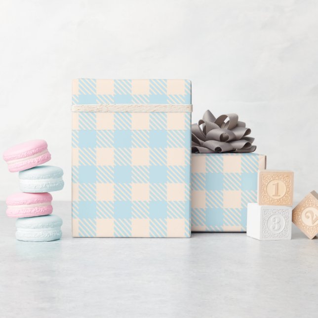 Pastel light blue baby blue gingham plaid checked wrapping paper (Baby Shower)