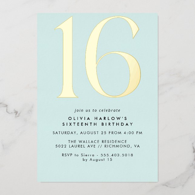 Pastel Light Blue & Gold | Simple Cute Sweet 16  (Front)