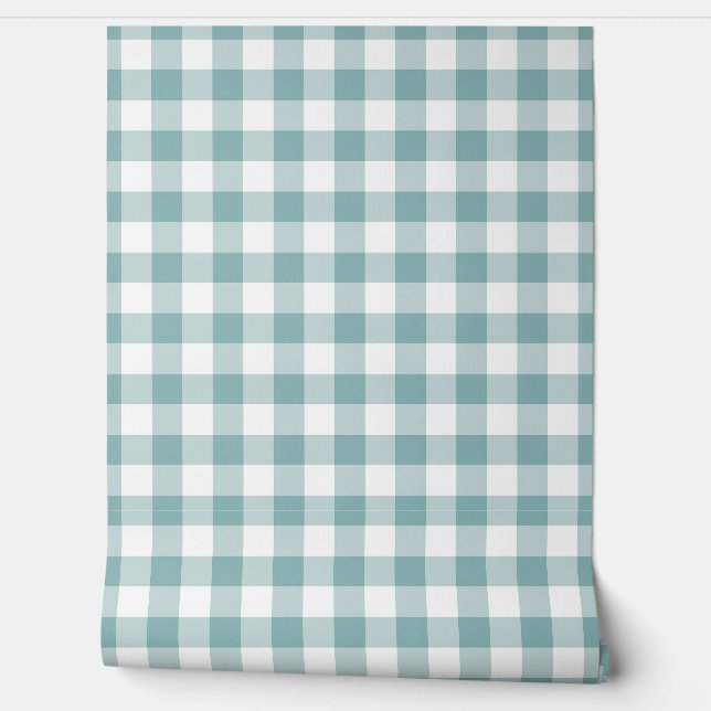 Pastel Light Teal Gingham Check Buffalo Plaid Wallpaper (Unrolling)