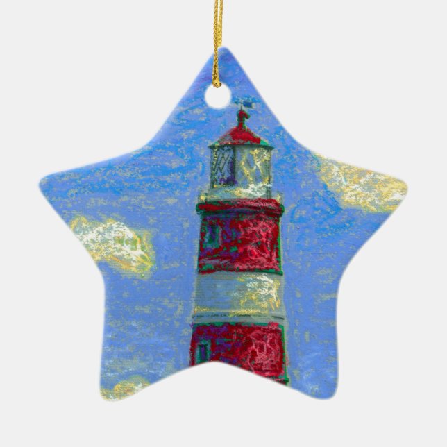 Pastel Lighthouse and Lavender Fields Ceramic Ornament (Front)