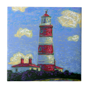 Pastel Lighthouse and Lavender Fields Ceramic Tile