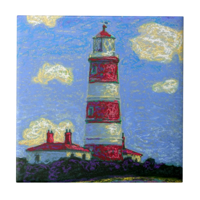 Pastel Lighthouse and Lavender Fields Ceramic Tile (Front)