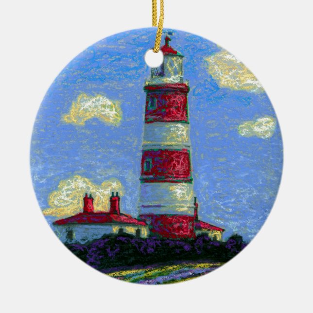 Pastel Lighthouse and Lavender Fields Ceramic Tree Decoration (Front)