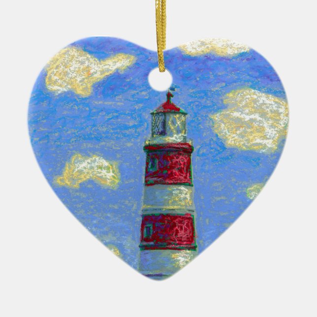 Pastel Lighthouse and Lavender Fields Ceramic Tree Decoration (Front)