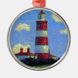 Pastel Lighthouse and Lavender Fields Metal Ornament