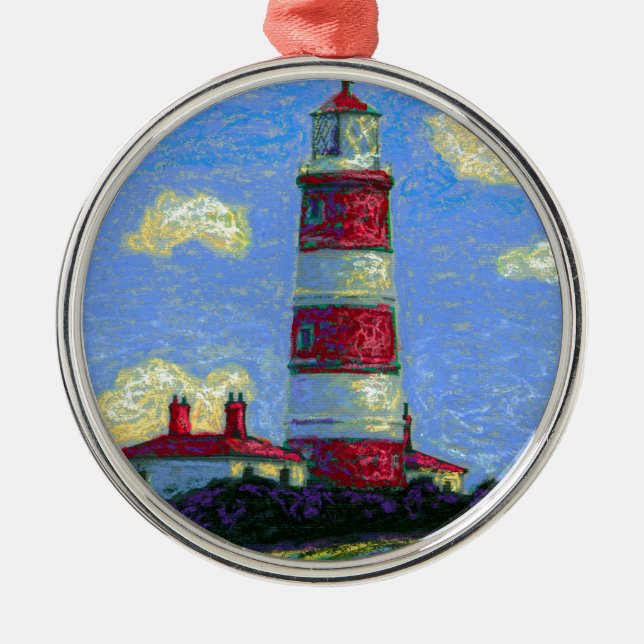 Pastel Lighthouse and Lavender Fields Metal Ornament (Front)