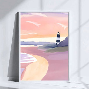 Pastel Lighthouse Coastal Beach Shore Watercolor Poster