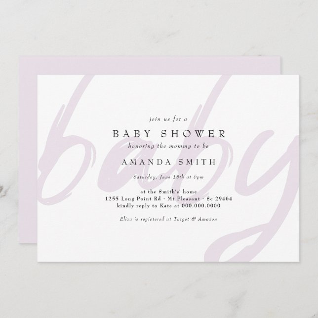 Pastel Lila Minimal Gender Neutral Baby Shower Invitation (Front/Back)