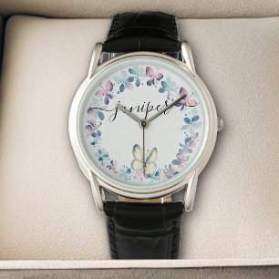 Pastel Lilac Beautiful Flower Wreath Butterfly  Watch