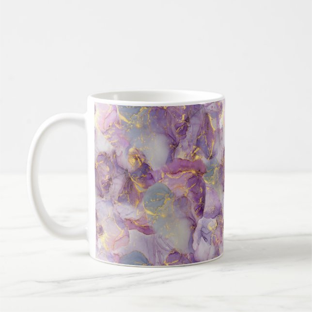 Pastel Lilac, Blue and Gold Glitter Marble Pattern Coffee Mug (Left)