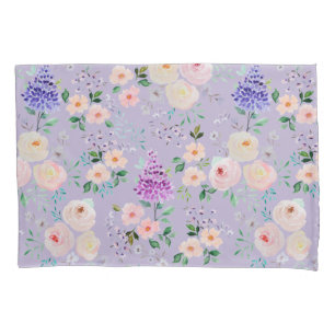 Pastel Lilac Coloured Watercolor Floral Pillowcase