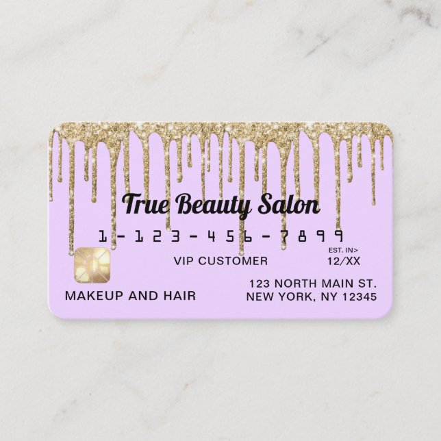 Pastel Lilac Purple Gold Glitter Drips Credit Business Card (Front)