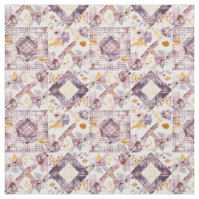 Pastel Lilac Yellow Patchwork Vintage Quilt Fabric (Swatch)