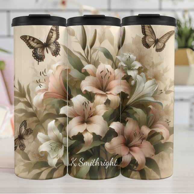 Pastel Lily Bouquet Butterflies Thermal Tumbler (Creator Uploaded)
