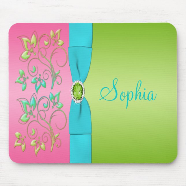 Pastel Lime, Pink, and Blue Floral Mousepad (Front)