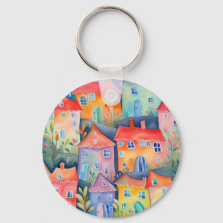 Pastel little houses in soft colour, peaceful colo key ring