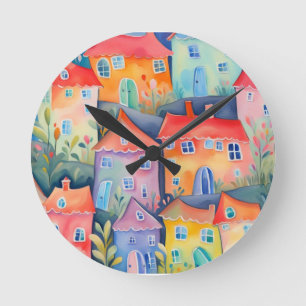 Pastel little houses in soft colour, peaceful colo round clock