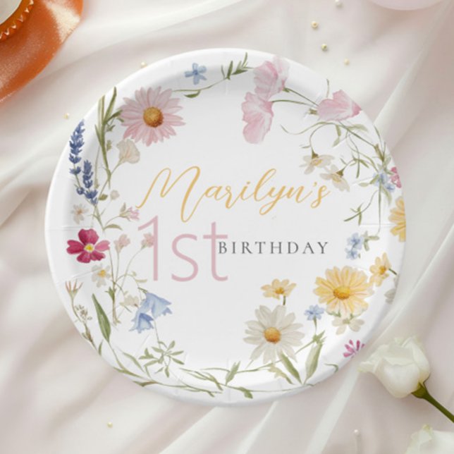 Pastel Little Wildflower Girl 1st Birthday Paper Plate (Creator Uploaded)