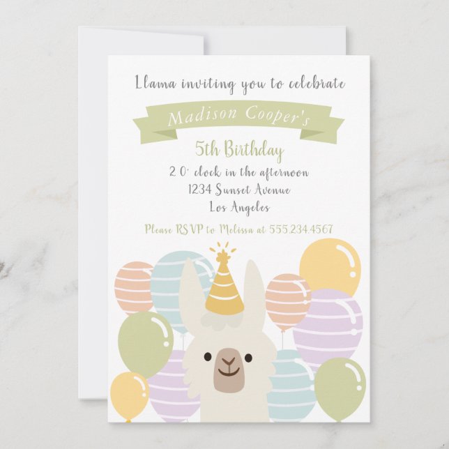 Pastel Llama and Balloons Birthday Invitation (Front)