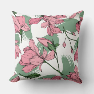 Pastel look ink drawing Magnolia sage green pink   Cushion