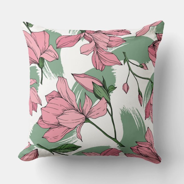 Pastel look ink drawing Magnolia sage green pink   Cushion (Front)