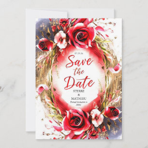 Pastel Love Crimson Red Roses Wedding Save The Date