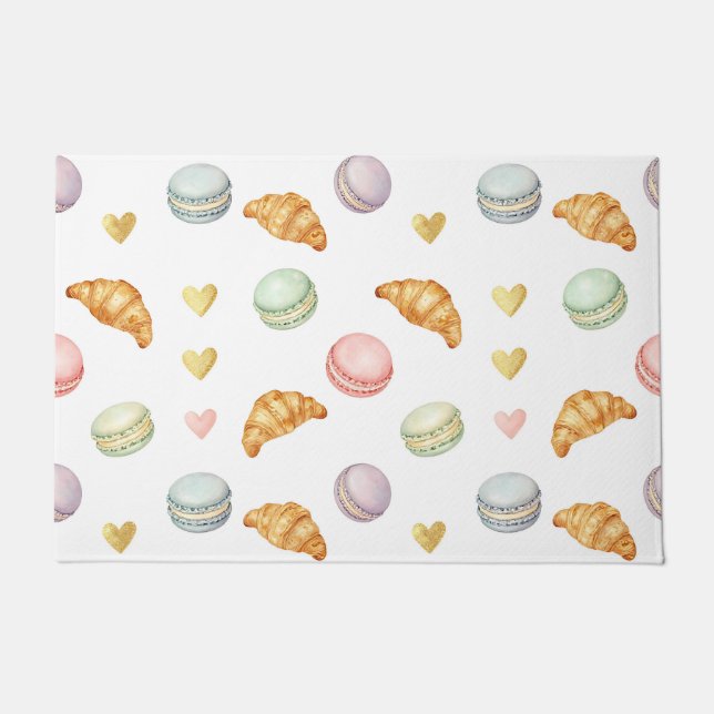 Pastel Macarons and Croissants Seamless Pattern Doormat (Front)