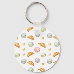 Pastel Macarons and Croissants Seamless Pattern Key Ring