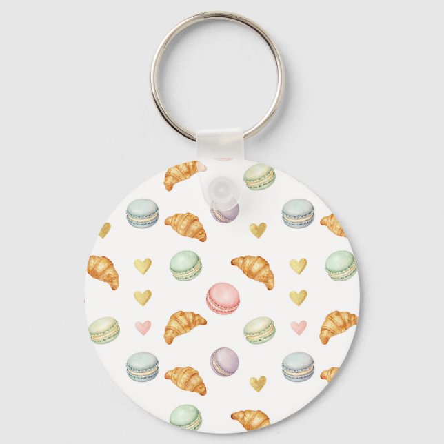 Pastel Macarons and Croissants Seamless Pattern Key Ring (Front)