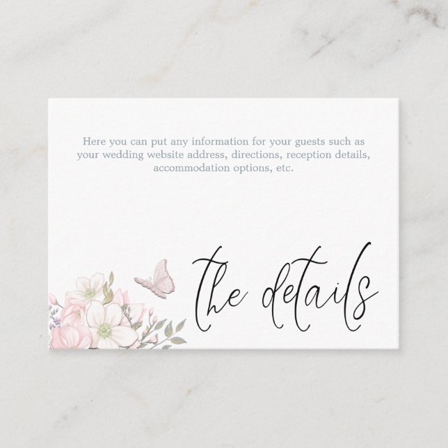 Pastel Magnolia Butterfly Script Wedding Details Enclosure Card (Front)