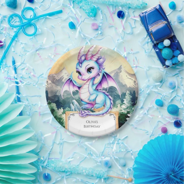 Pastel Majestic Cute Dragon Birthday Paper Plate (Party)
