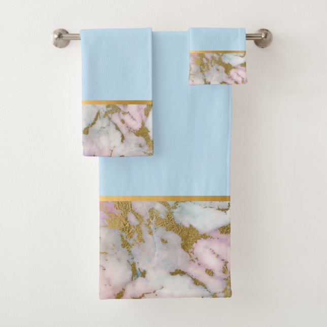 PASTEL MARBLE GOLD BLUE BATHROOM TOWEL SET (Insitu)