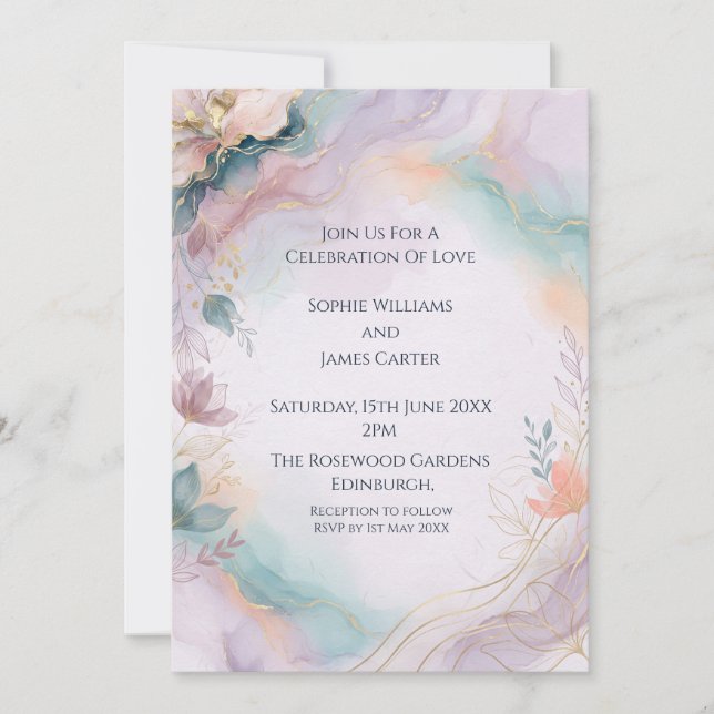 Pastel Marble Watercolour Wedding Invitation (Front)