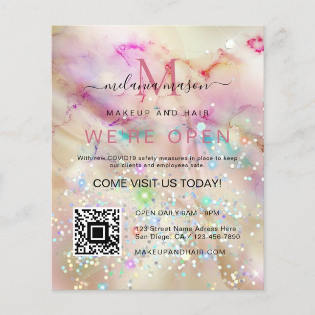 Pastel Marbled Alcohol Ink Elegant Glitter Qr Code Flyer (Front)