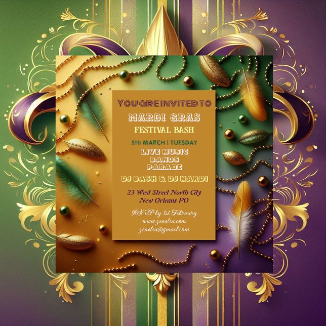 Pastel Mardi Gras Festival Bash Feathers Bead Gold Invitation (Pastel Mardi Gras Festival Bash Feathers Bead Gold Invitation)