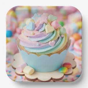 Pastel Marshmallow Rainbow Cupcake Birthday Paper Plate
