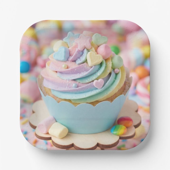 Pastel Marshmallow Rainbow Cupcake Birthday Paper Plate (Front)