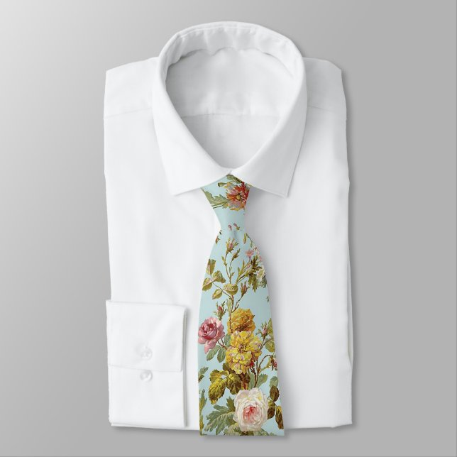 Pastel Mauve Pink Roses Art Pattern On Light Blue Tie (Tied)